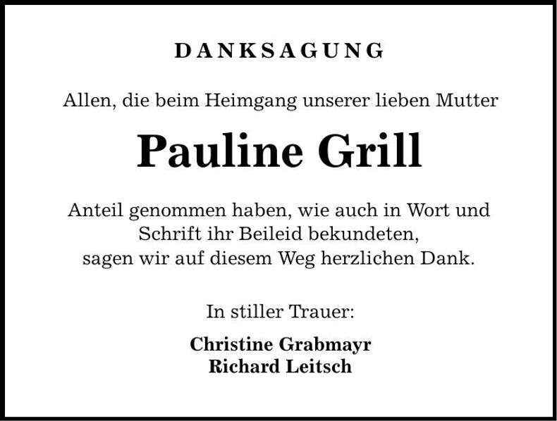 Traueranzeige Pauline Grill