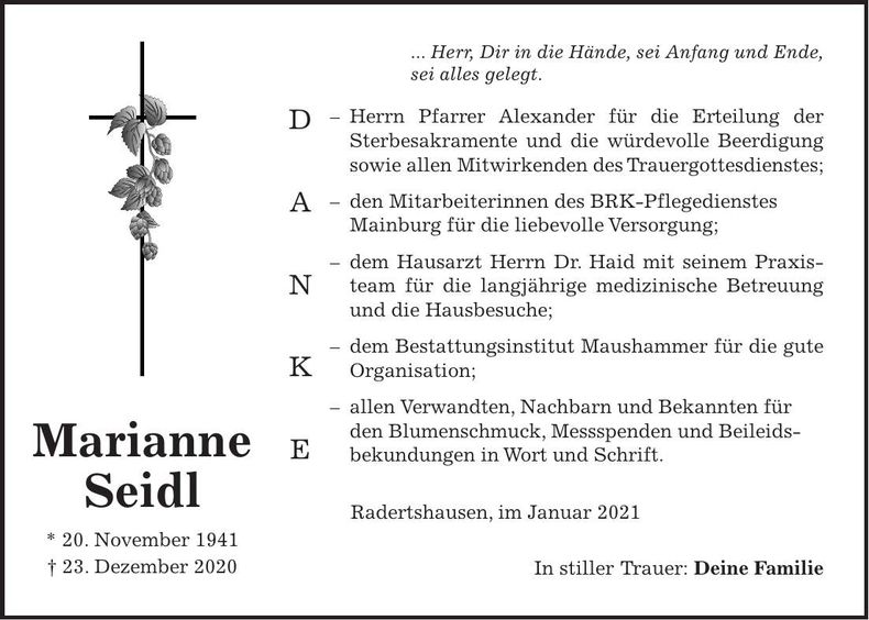 Traueranzeige Marianne Seidl