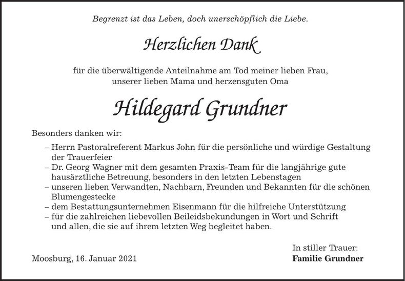 Traueranzeige Hildegard Grundner