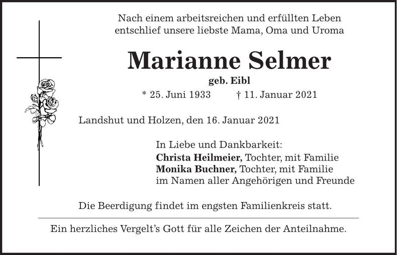 Traueranzeige Marianne Selmer