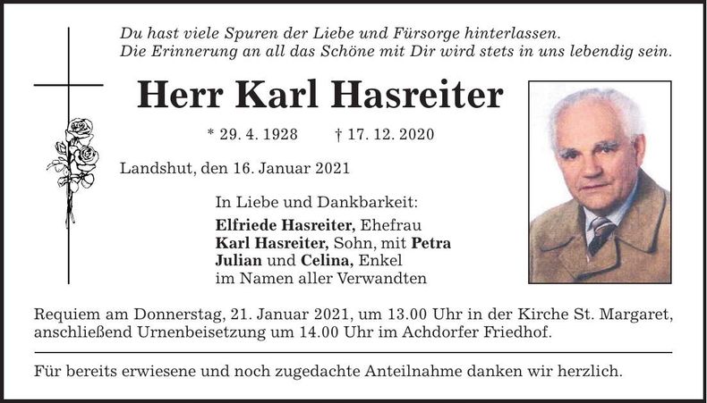 Traueranzeige Karl Hasreiter