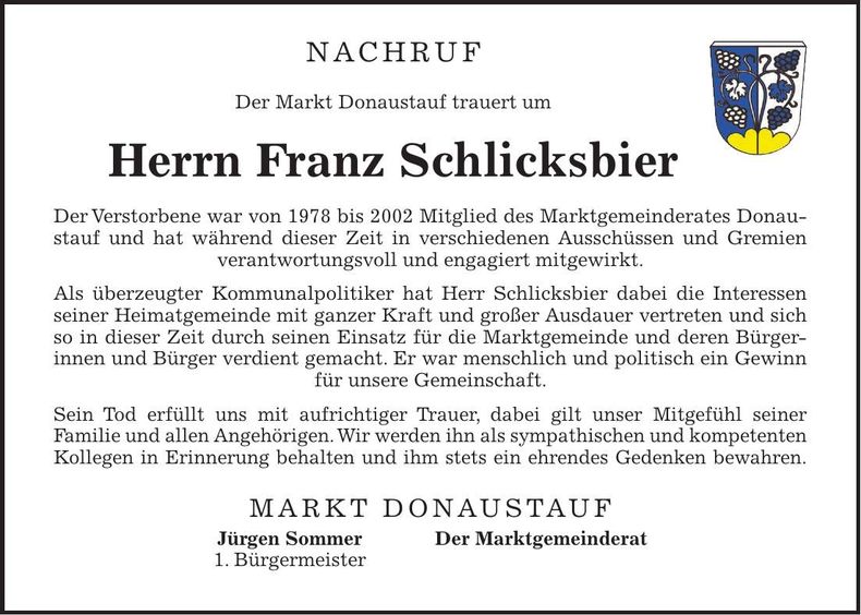 Traueranzeige Franz Schlicksbier