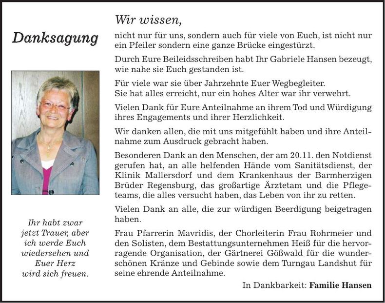 Traueranzeige Gabriele Hansen
