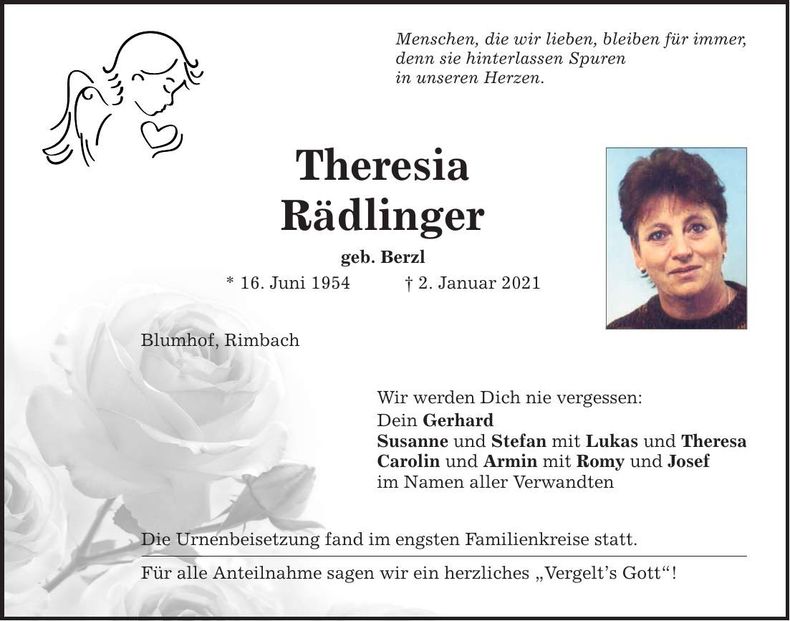 Traueranzeige Theresia Rädlinger