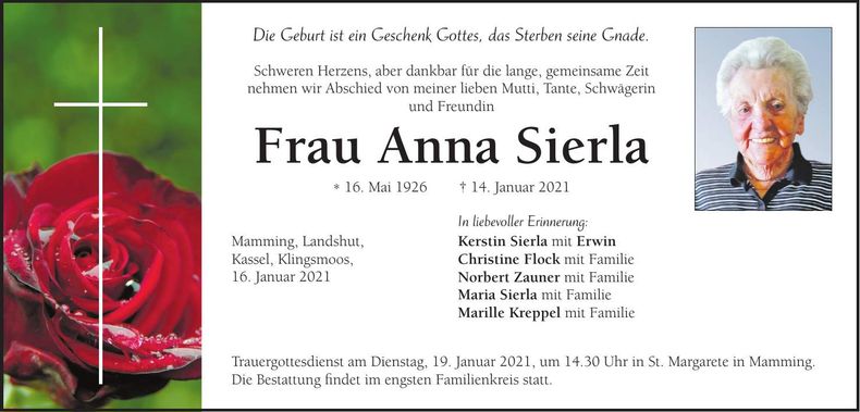 Traueranzeige Anna Sierla