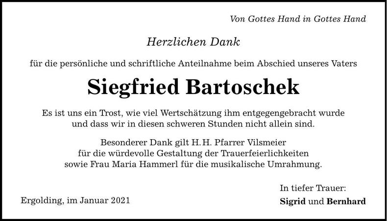 Traueranzeige Siegfried Bartoschek