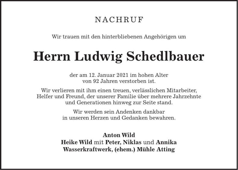 Traueranzeige Ludwig Schedlbauer