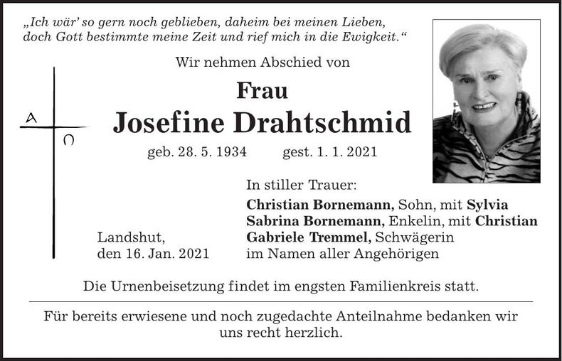 Traueranzeige Josefine Drahtschmid