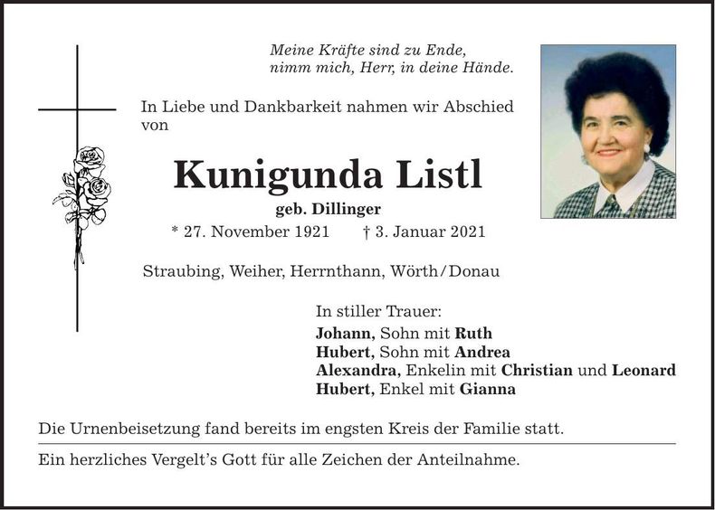 Traueranzeige Kunigunda Listl