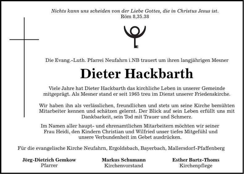 Traueranzeige Dieter Hackbarth