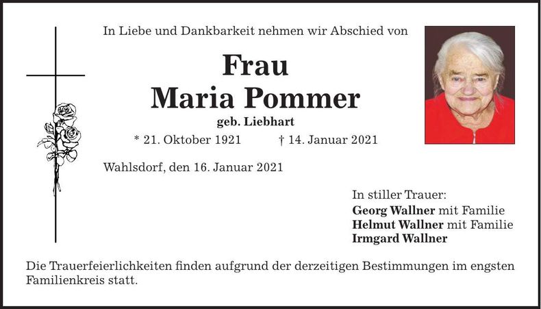 Traueranzeige Maria Pommer