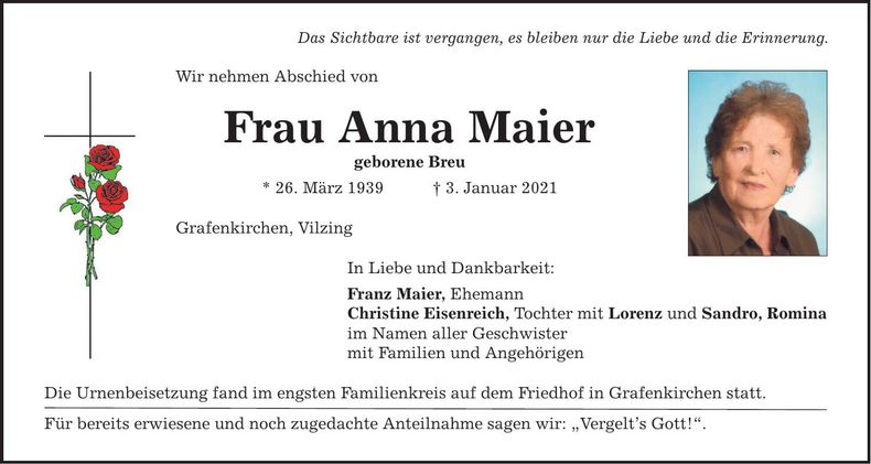 Traueranzeige Anna Maier