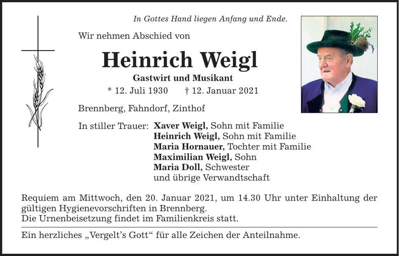 Traueranzeige Heinrich Weigl
