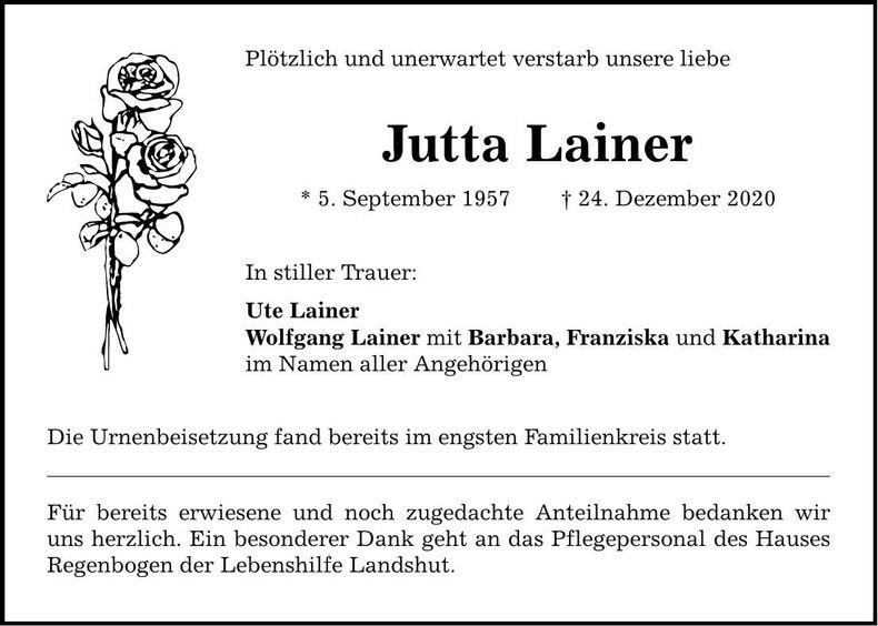 Traueranzeige Jutta Lainer