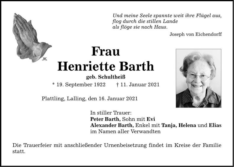 Traueranzeige Henriette Barth