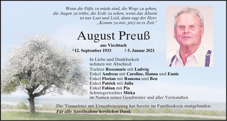 Traueranzeige Preuß August