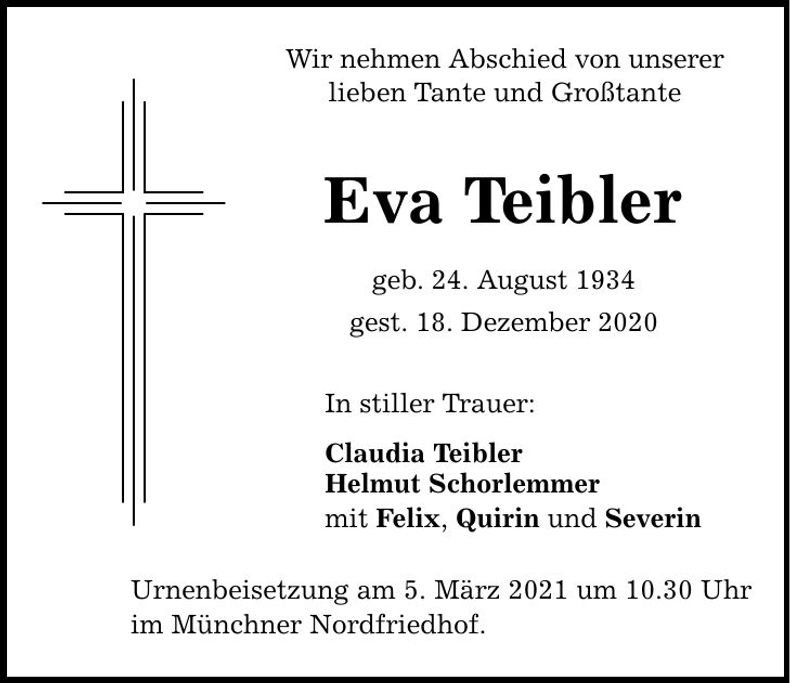 Traueranzeige Eva Teibler