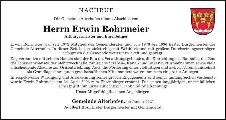 Traueranzeige Erwin Rohrmeier
