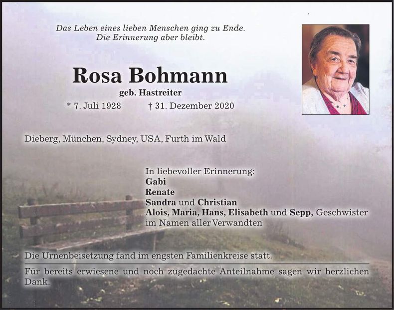 Traueranzeige Rosa Bohmann