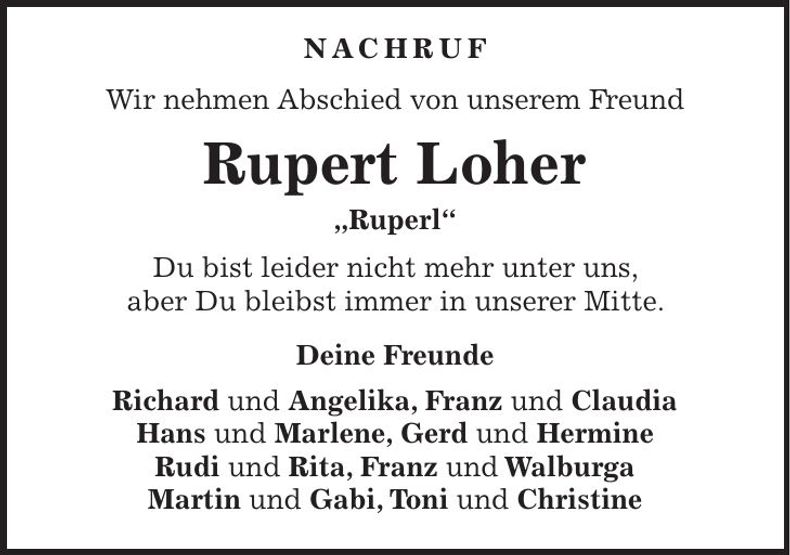Traueranzeige Rupert Loher