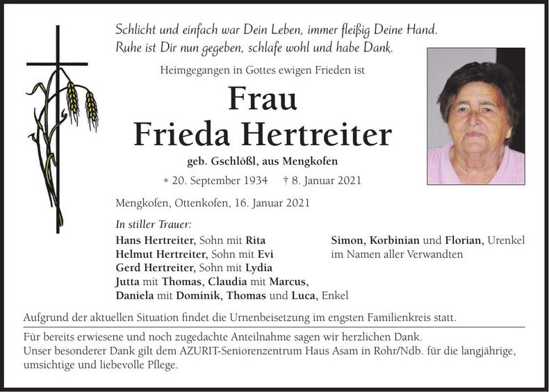 Traueranzeige Frieda Hertreiter