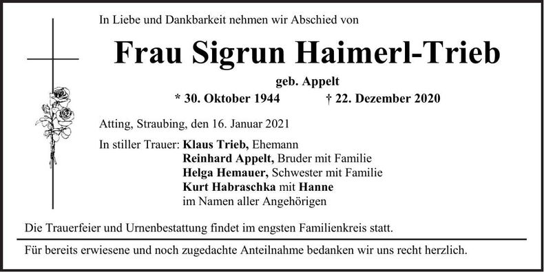 Traueranzeige Sigrun Haimerl-Trieb