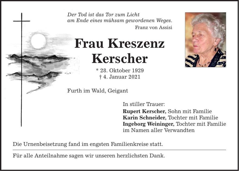 Traueranzeige Kreszenz Kerscher
