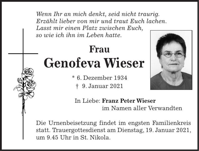 Traueranzeige Genofeva Wieser