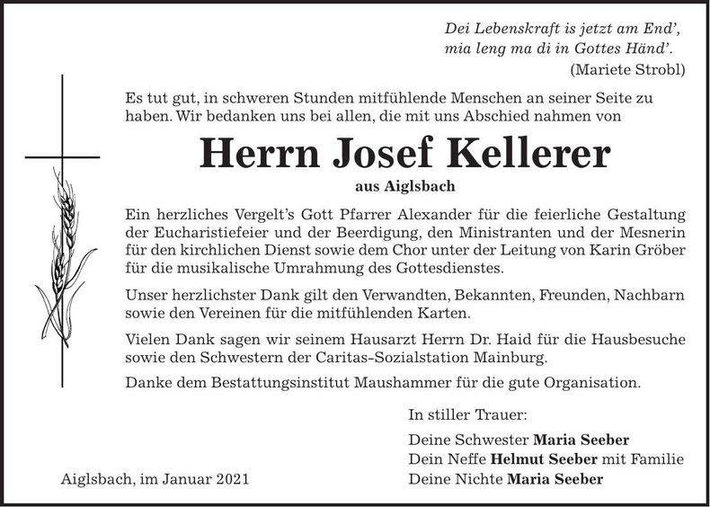 Traueranzeige Josef Kellerer