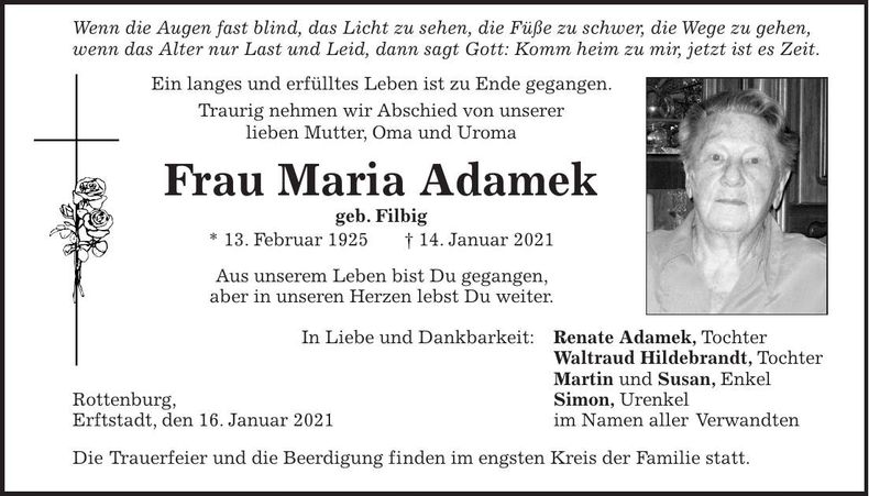 Traueranzeige Maria Adamek