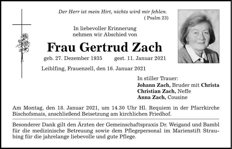 Traueranzeige Gertrud Zach