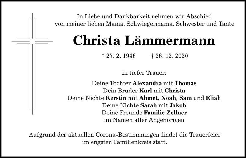 Traueranzeige Christa Lämmermann