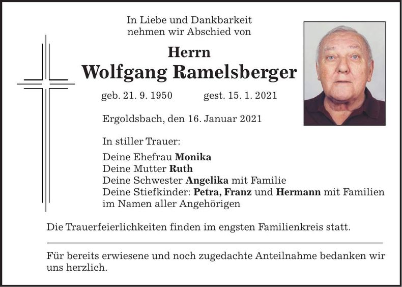 Traueranzeige Wolfgang Ramelsberger