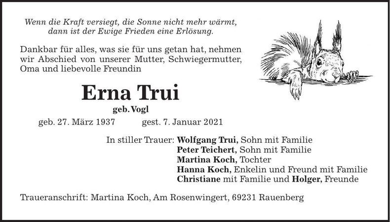 Traueranzeige Erna Trui