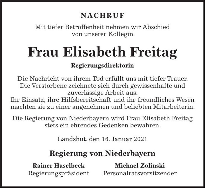 Traueranzeige Elisabeth Freitag