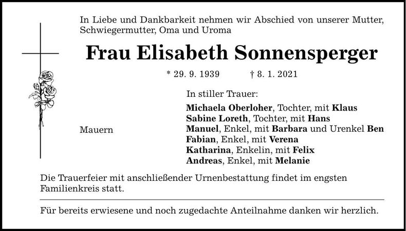 Traueranzeige Elisabeth Sonnensperger