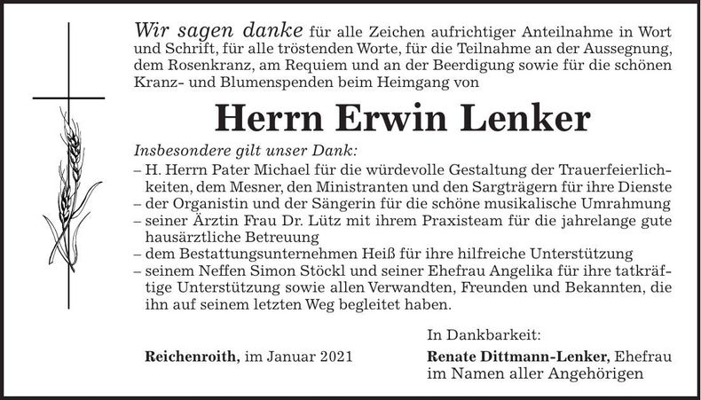 Traueranzeige Erwin Lenker