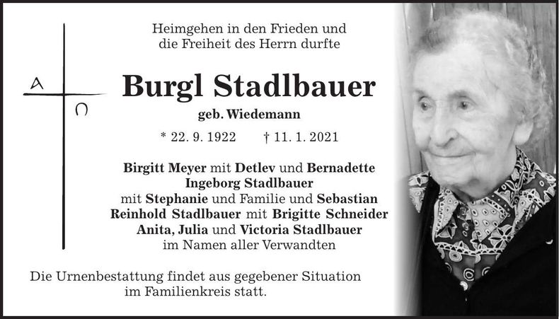 Traueranzeige Burgl Stadlbauer