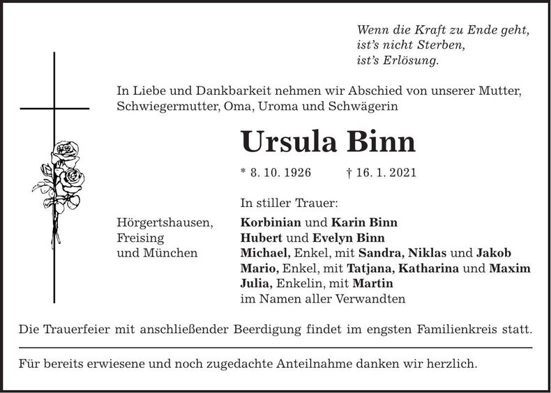 Traueranzeige Ursula Binn