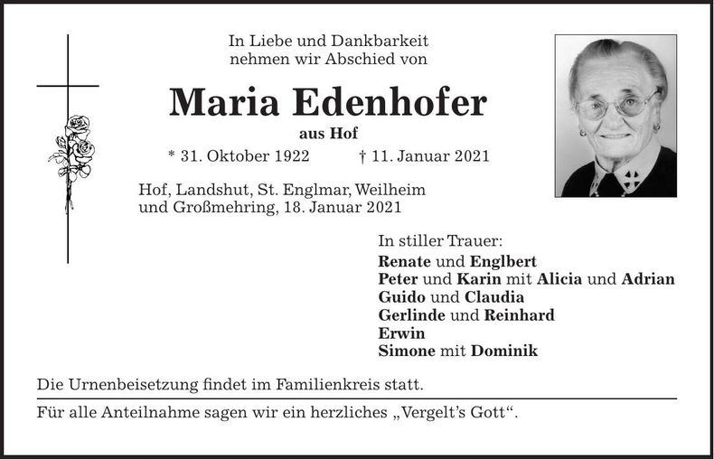 Traueranzeige Maria Edenhofer