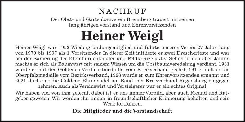 Traueranzeige Heiner Weigl
