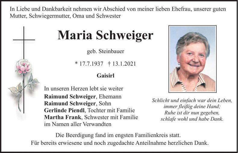 Traueranzeige Maria Schweiger