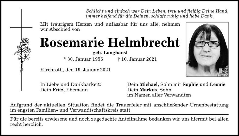Traueranzeige Rosemarie Helmbrecht