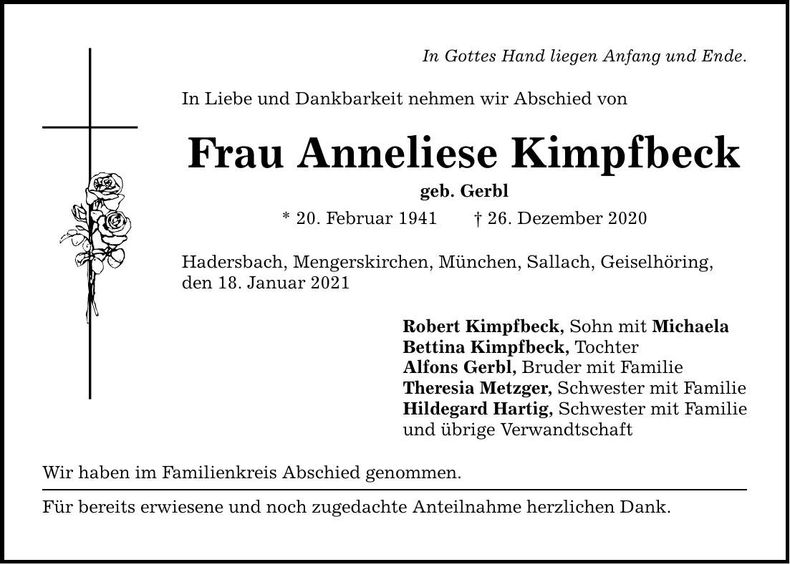 Traueranzeige Anneliese Kimpfbeck