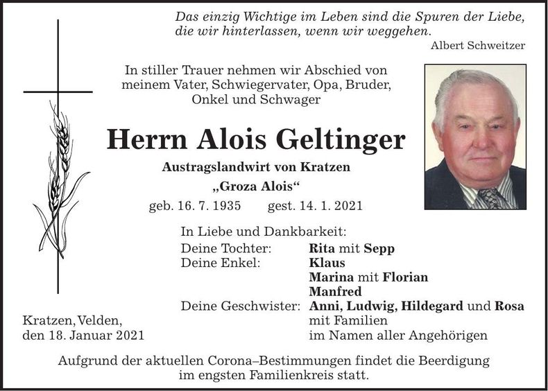 Traueranzeige Alois Geltinger