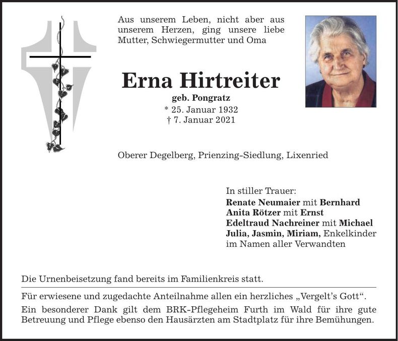 Traueranzeige Erna Hirtreiter