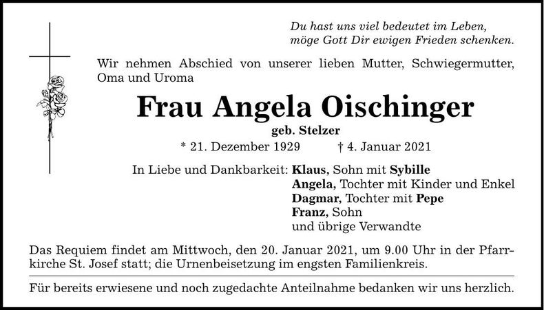 Traueranzeige Angela Oischinger