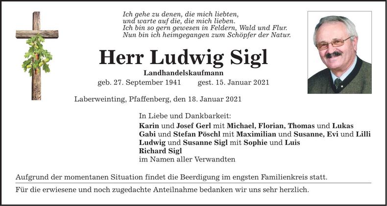 Traueranzeige Ludwig Sigl