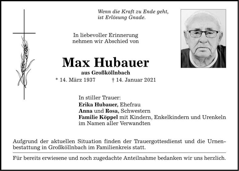 Traueranzeige Max Hubauer