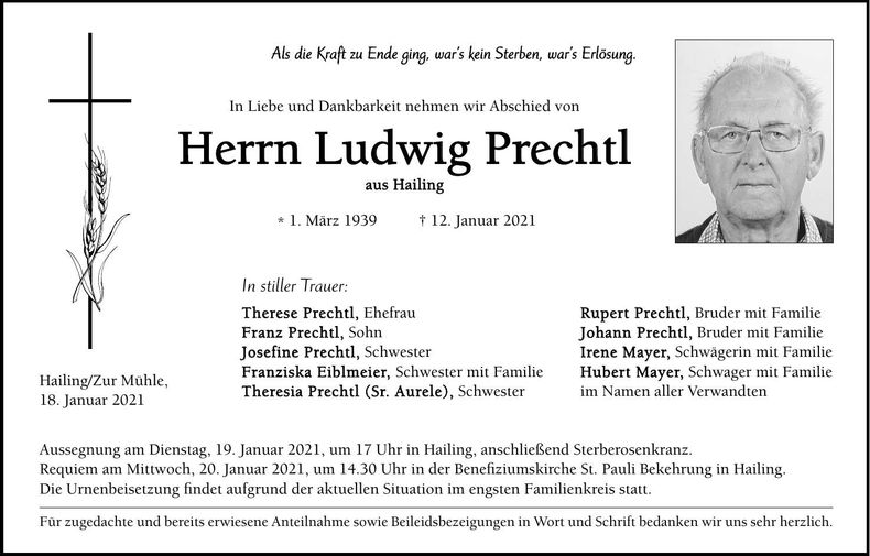 Traueranzeige Ludwig Prechtl
